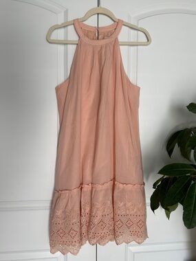Loft Peach Pink Eyelet Hem Halter Cotton Sundress Size Medium